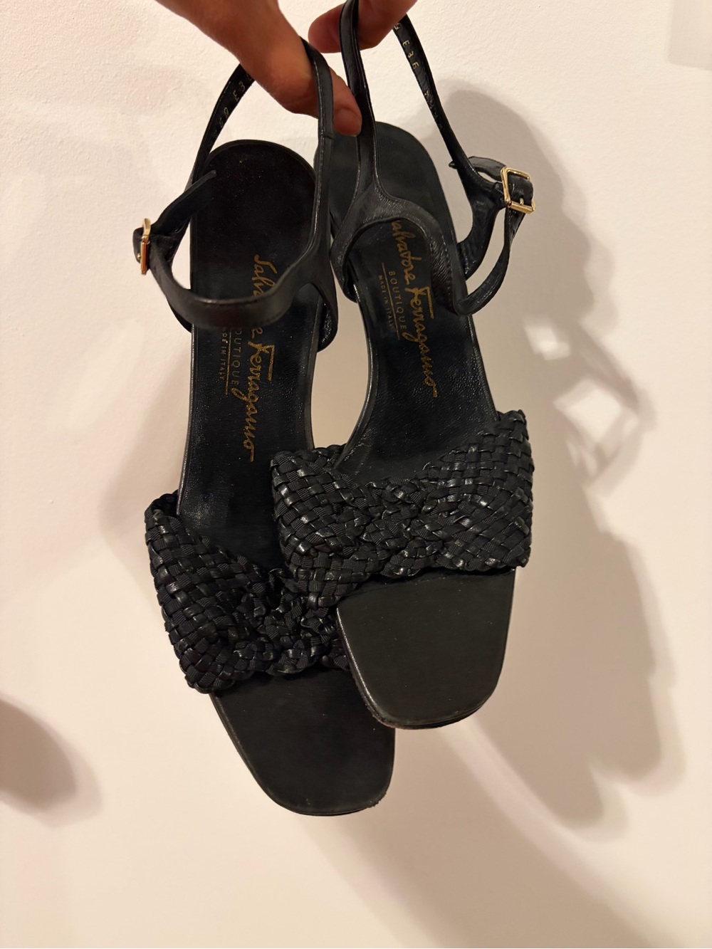 Salvatore Ferragamo Black Woven Leather Slingback Heels